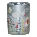 Teelichtglas Kerzen Halter ALLISTER mit Schmetterling Blumenmotiv, bunt-matt-silber-glänzend, 18cm, Ø12cm
