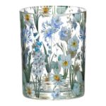 Teelichtglas Kerzen Halter MARIELUISE mit Frühlingsblumen Motiv, bunt-matt-klar-glänzend, 18cm, Ø12cm