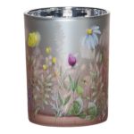 Tischlicht Teelichtglas ANNEROSE mit wilden Blumen Motiv, bunt-matt-silber-glänzend, 18cm, Ø12cm