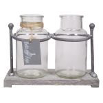 Deko Glas Flaschen LORRIE mit Holzständer, 2 Gläser, klar, 19,5x10x14,5cm