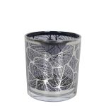 Teelichtglas Kerzen Halter LEONILLE mit Skelettblatt Motiv, schwarz-matt-silber-glänzend, 7cm, Ø7cm