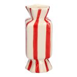 Eckige Stielblumenvase Bonbon AMIEL aus Keramik, mit Längsstreifen, rot-weiß, 10x10x25cm