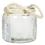 Glas Windlicht FEENA, Blattrelief, Henkel, klar, 10,5cm, Ø11cm