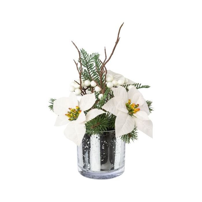 Blumengesteck Künstlich Weihnachtsstern Tanne BANARI in Glasvase, Beeren, weiß, 35cm