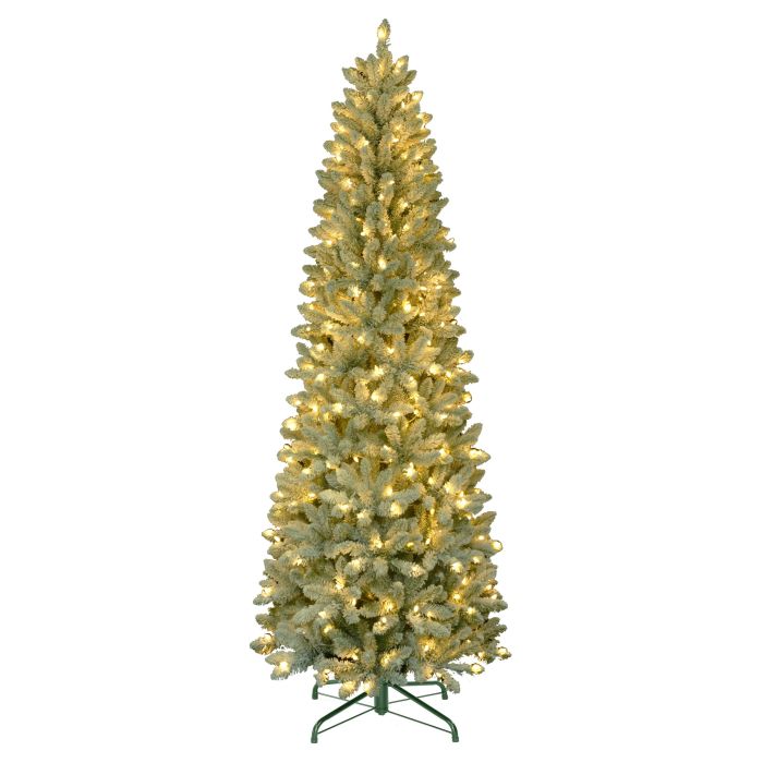 Künstlicher schmaler Weihnachtsbaum ROVANIEMI SPEED, beschneit, LEDs, 195cm, Ø70cm