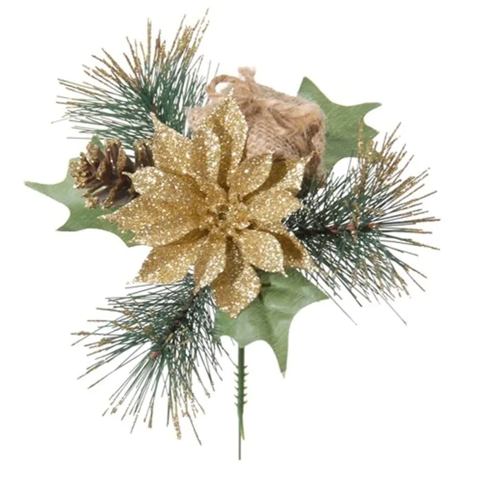 Deko Gesteck Weihnachtsstern, Kiefer HERMINA mit Geschenk, Steckstab, gold,  21cm, 17cm