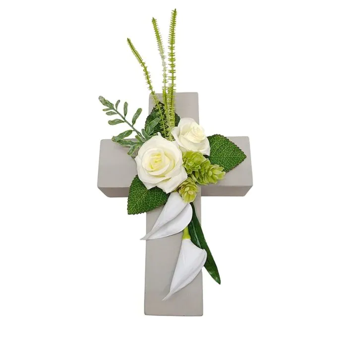 Blumengesteck Knstlich Rose, Calla, Hopfen LONNE, Pflanzkreuz, wei-grn,  35x18x10cm