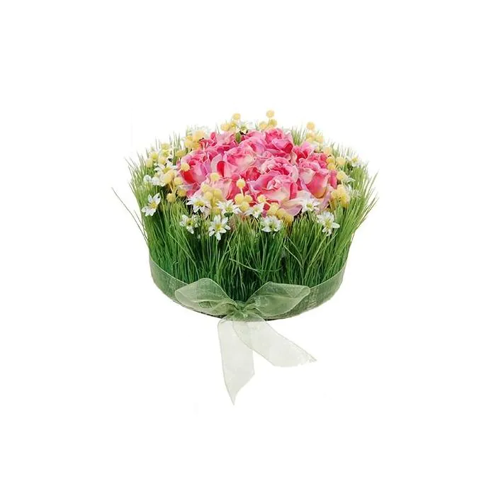 Künstliches Blumengesteck Rosen, Gras HAULANI, rosa-weiß, 12cm, Ø20cm