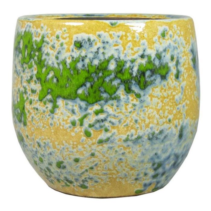 Blumentopf GIORGOS mit Muster, Keramik, ocker-grün-blau, 21cm, Ø23cm