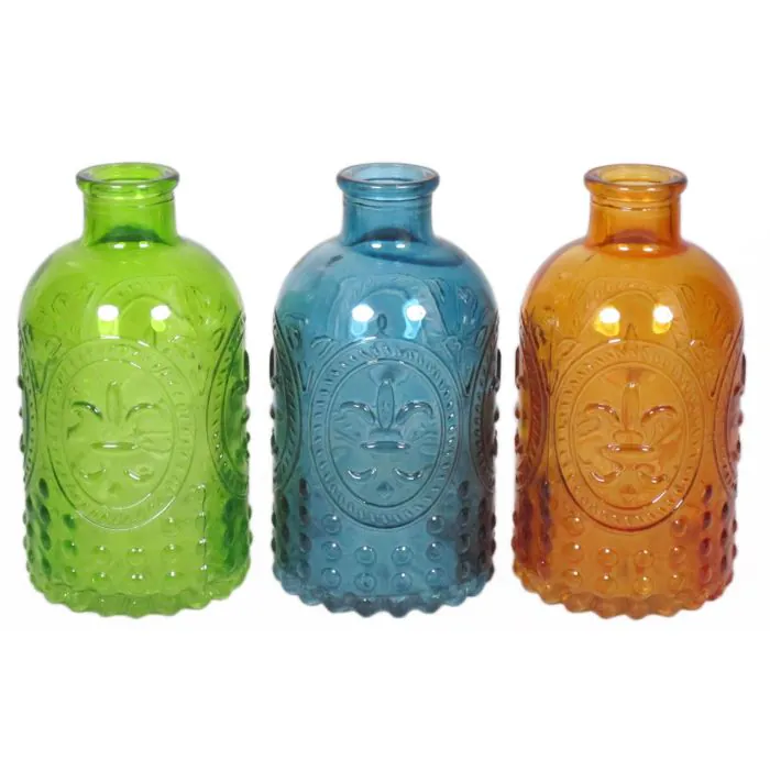 Deko Glasflaschen URSULA mit Muster, 3 Gläser, bunt, 12,5cm, Ø6,5cm