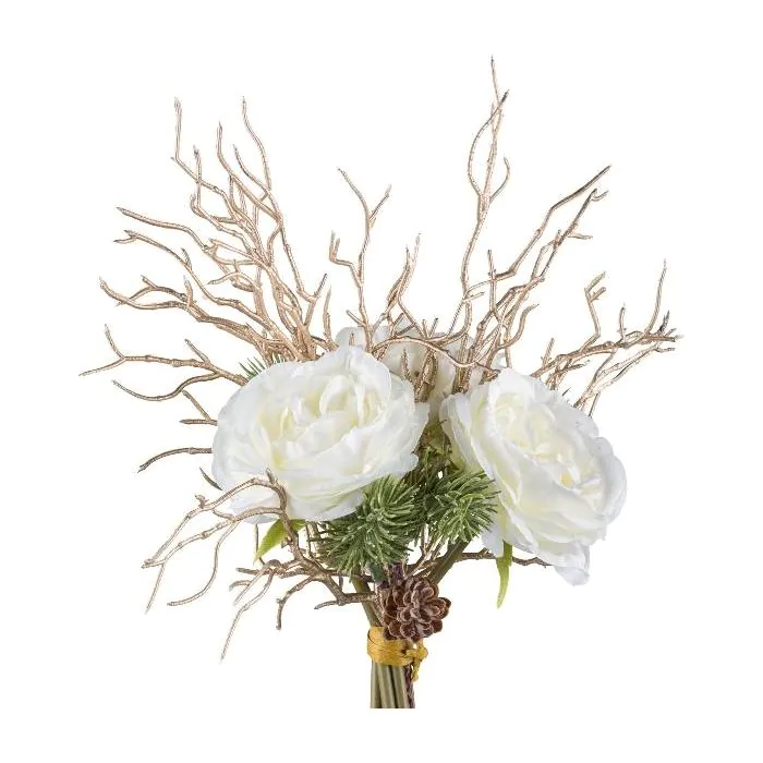 Knstlicher Blumenstrau Rosen LIPTOL mit Tanne, Zapfen, Zweige, wei, 35cm