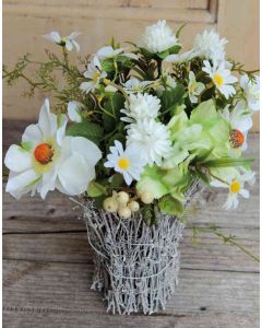 Anemone Pensee Gesteck künstlich CHEYENNE, Rattantopf, weiß, 40cm