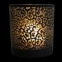 Teelicht Glas Kerzenhalter JADRANKA mit Jaguar Muster, schwarz-matt-gold-glänzend, 18cm, Ø12cm
