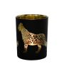 Teelicht Glas Kerzenhalter JEKATERINA mit Jaguar Motiv, schwarz-matt-gold-glänzend, 12cm, Ø10cm