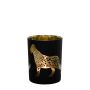 Teelicht Glas Kerzenhalter JEKATERINA mit Jaguar Motiv, schwarz-matt-gold-glänzend, 8cm, Ø7cm