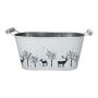 Ovale Zink Pflanzschale NORDLI mit Henkel, Hirsch Motiv, weiß-silber, 23,7x11,3x11cm
