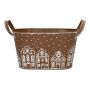 Zink Pflanztopf oval MAVETA mit Lebkuchenhaus Motiv, Henkel, braun-weiß, 24x13,5x13,5cm