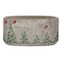 Ovale Pflanzschale MILKE aus Beton, winterliches Vogelmotiv, grau-rot-grün, 20,5x11,8x10cm