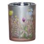 Tischlicht Teelichtglas ANNEROSE mit wilden Blumen Motiv, bunt-matt-silber-glänzend, 18cm, Ø12cm