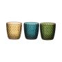 Teelicht Glas KIRSTIE, 3 Stück, Rauten, grün-gelb-blau, 9cm, Ø9cm