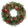 Künstlicher Winterkranz VISALIA, Ilex, Beeren, Zapfen, Kugeln, LEDs, grün-rot, Ø60cm