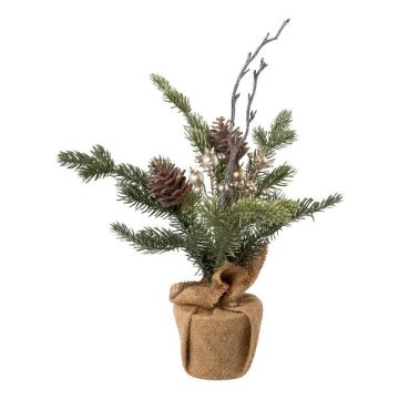 Künstliches Gesteck Tanne Hagebutte MUSMO im Jutesack, Zapfen, grün-gold, 35cm Künstliches Gesteck Tanne Hagebutte MUSMO im Jutesack, Zapfen, grün-gold, 35cm