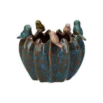 Runder Blumentopf TARINO aus Keramik, mit 3D Vögeln, blau-braun-grün-beige, 13,7cm, Ø15,3cm Runder Blumentopf TARINO aus Keramik, mit 3D Vögeln, blau-braun-grün-beige, 13,7cm, Ø15,3cm