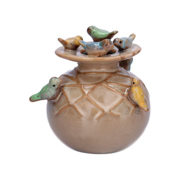 Bauchige Keramikvase LYRO mit 3D Vögeln, braun-gelb-blau-grün, 12cm, Ø11cm