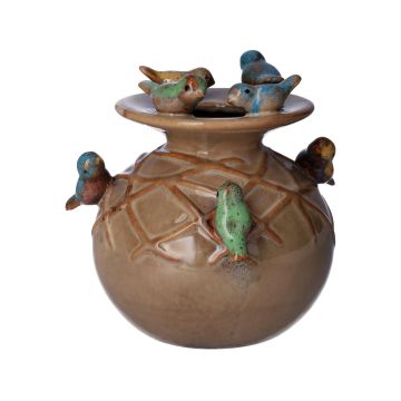 Bauchige Keramikvase LYRO mit 3D Vögeln, braun-gelb-blau-grün, 14,5cm, Ø12,5cm