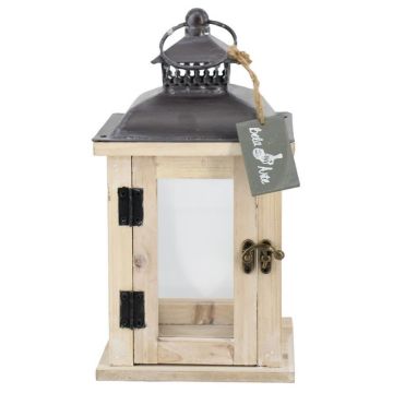Deko Holz Laterne BEGGY mit Glas, Henkel, beige, 15,5x15,5x29cm