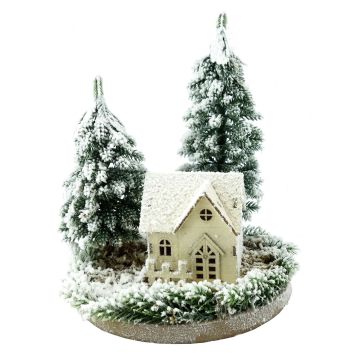 Deko Lichthaus SEWARD, Schneelandschaft, Tannenbäume, LEDs, weiß-grün, 25cm, Ø20cm