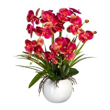 Kunstblumen Gesteck Orchidee Phalaenopsis TRALFEN mit Gras, Keramiktopf, Wurzeln, pink-grün, 60cm