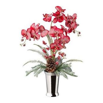 Deko Orchidee Farn Gesteck BALSI, Keramikvase, Zapfen, Beeren, beschneit, rot-weiß, 70cm