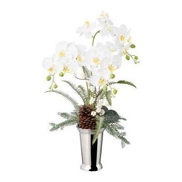 Deko Orchidee Farn Gesteck BALSI, Keramikvase, Zapfen, Beeren, beschneit, weiß, 70cm