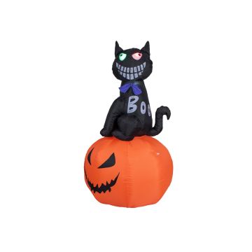 Halloween Kürbis LYSANDER mit schwarzer Katze, selbstaufblasbar, LEDs, 100x100x180cm