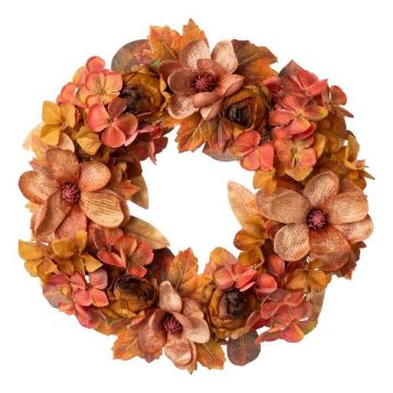 Deko Kranz Magnolie, Kohl-Rose, Hortensie ZOBLI, orange-braun, Ø40cm Deko Kranz Magnolie, Kohl-Rose, Hortensie ZOBLI, orange-braun, Ø40cm