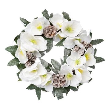 Blumenkranz Deko Christrose FOGRA, Zapfen, gefroren, weiß, Ø30cm