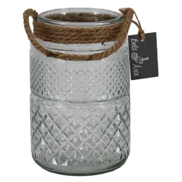 Kerzenglas OPALUS mit Seil, Rautenmuster, klar, 19cm, Ø12cm