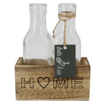 Flasche STOLLAN im Holzkistchen, Schriftzug Home, Glas, 2 Stück, klar, 12,5x6,7x15,5cm Flasche STOLLAN im Holzkistchen, Schriftzug Home, Glas, 2 Stück, klar, 12,5x6,7x15,5cm