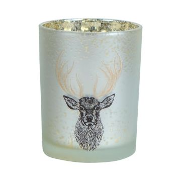 Teelicht Halter Glas JOHNATHAN mit Hirschkopf Motiv, weiß-matt-gold-glänzend, 12,5cm, Ø10cm Teelicht Halter Glas JOHNATHAN mit Hirschkopf Motiv, weiß-matt-gold-glänzend, 12,5cm, Ø10cm