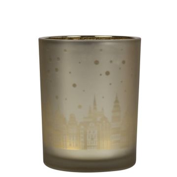 Teelicht Glas Kerzenhalter MICHAELLA mit Häuser Motiv, champagner-matt-gold-glänzend, 12,5cm, Ø10cm Teelicht Glas Kerzenhalter MICHAELLA mit Häuser Motiv, champagner-matt-gold-glänzend, 12,5cm, Ø10cm