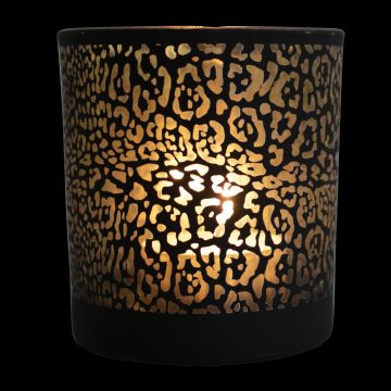 Teelicht Glas Kerzenhalter JADRANKA mit Jaguar Muster, schwarz-matt-gold-glänzend, 18cm, Ø12cm Teelicht Glas Kerzenhalter JADRANKA mit Jaguar Muster, schwarz-matt-gold-glänzend, 18cm, Ø12cm