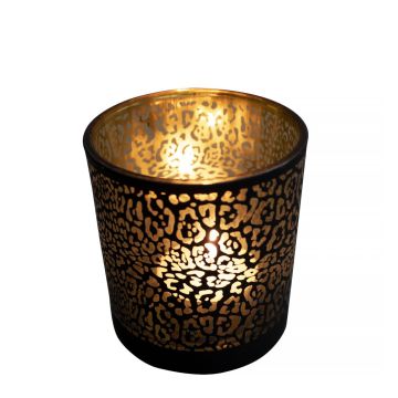 Teelicht Glas Kerzenhalter JADRANKA mit Jaguar Muster, schwarz-matt-gold-glänzend, 12,5cm, Ø10cm Teelicht Glas Kerzenhalter JADRANKA mit Jaguar Muster, schwarz-matt-gold-glänzend, 12,5cm, Ø10cm