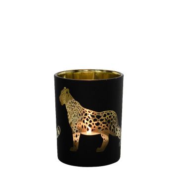Teelicht Glas Kerzenhalter JEKATERINA mit Jaguar Motiv, schwarz-matt-gold-glänzend, 8cm, Ø7cm Teelicht Glas Kerzenhalter JEKATERINA mit Jaguar Motiv, schwarz-matt-gold-glänzend, 8cm, Ø7cm