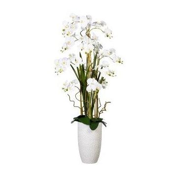 Kunstblumen Gesteck Orchidee Korkenzieherweide TENIKA, Keramikvase, Wurzeln, weiß, 160cm