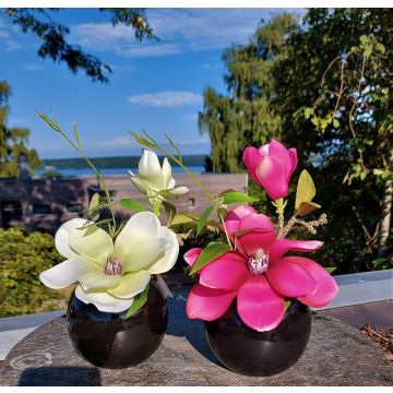 Künstliche Magnolie FEMI im schwarzen Keramiktopf, creme-grün, 20cm, Ø17cm