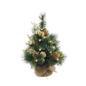 Kunst Christbaum CEDO, Jutesack, Zapfen, Beeren, LEDs, grün-gold, 45cm