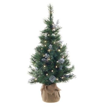 Kunst Christbaum CEDO, Jutesack, Zapfen, Beeren, LEDs, grün-silber, 90cm