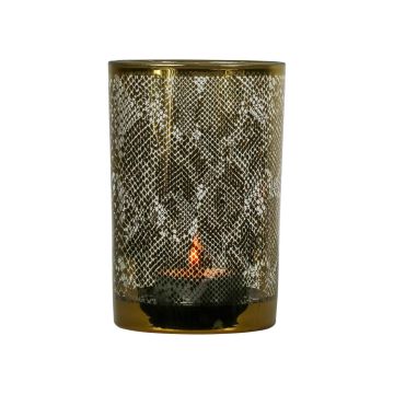 Teelicht Kerzenglas ELIZABETE mit Schlangen Muster, weiß-matt-gold-glänzend, 18cm, Ø12cm