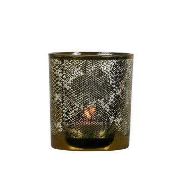 Teelicht Kerzenglas ELIZABETE mit Schlangen Muster, weiß-matt-gold-glänzend, 12,5cm, Ø10cm